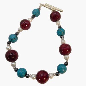 Patriotic Gemstone Bracelet Red White Blue Beaded Turquoise Faux Pearl